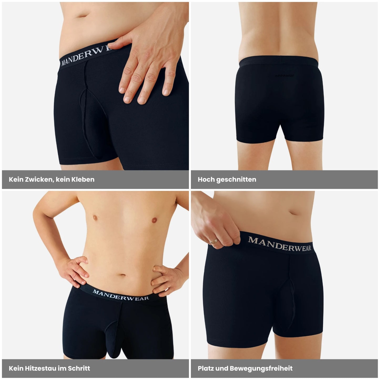 MANDERWEAR® ergonomische Herrenunterwäsche mit Pouch-Design gegen Hautreibung, Kleben und Zwicken, getragen an einem Model. Bildcollage: Front-, Rück- und Schrägansicht.