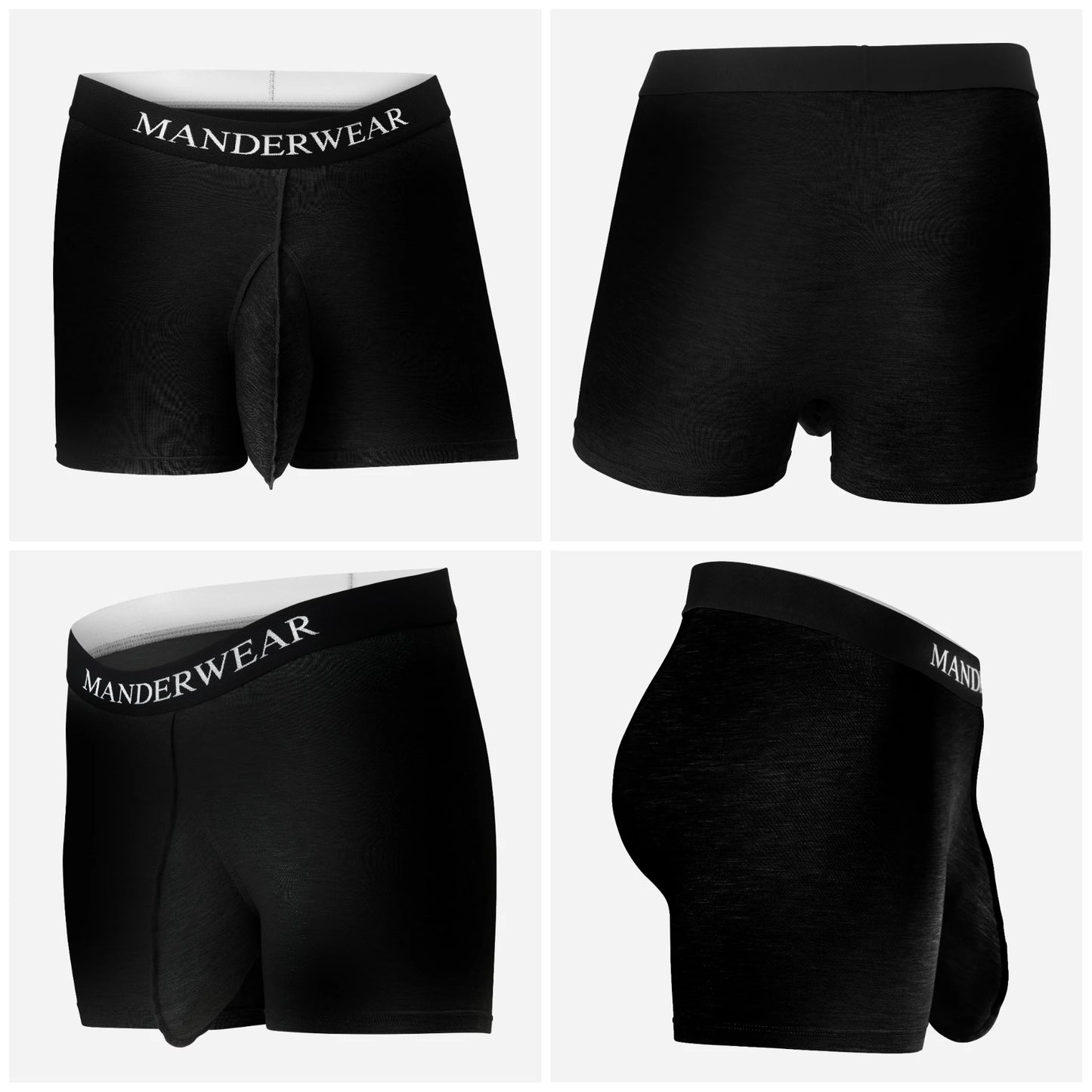 MANDERWEAR® ergonomische Herrenunterwäsche mit Pouch-Design gegen Hautreibung, Kleben und Zwicken. Bildcollage: Front-, Rück- und Seitenansicht.