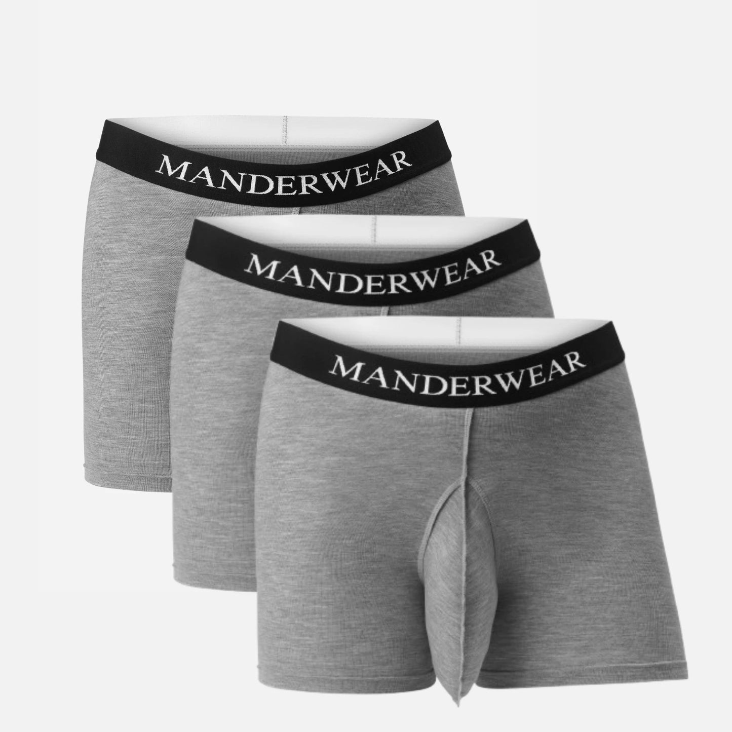 Drei MANDERWEAR Unterhosen schräg hintereinander als dreier Pack in grau