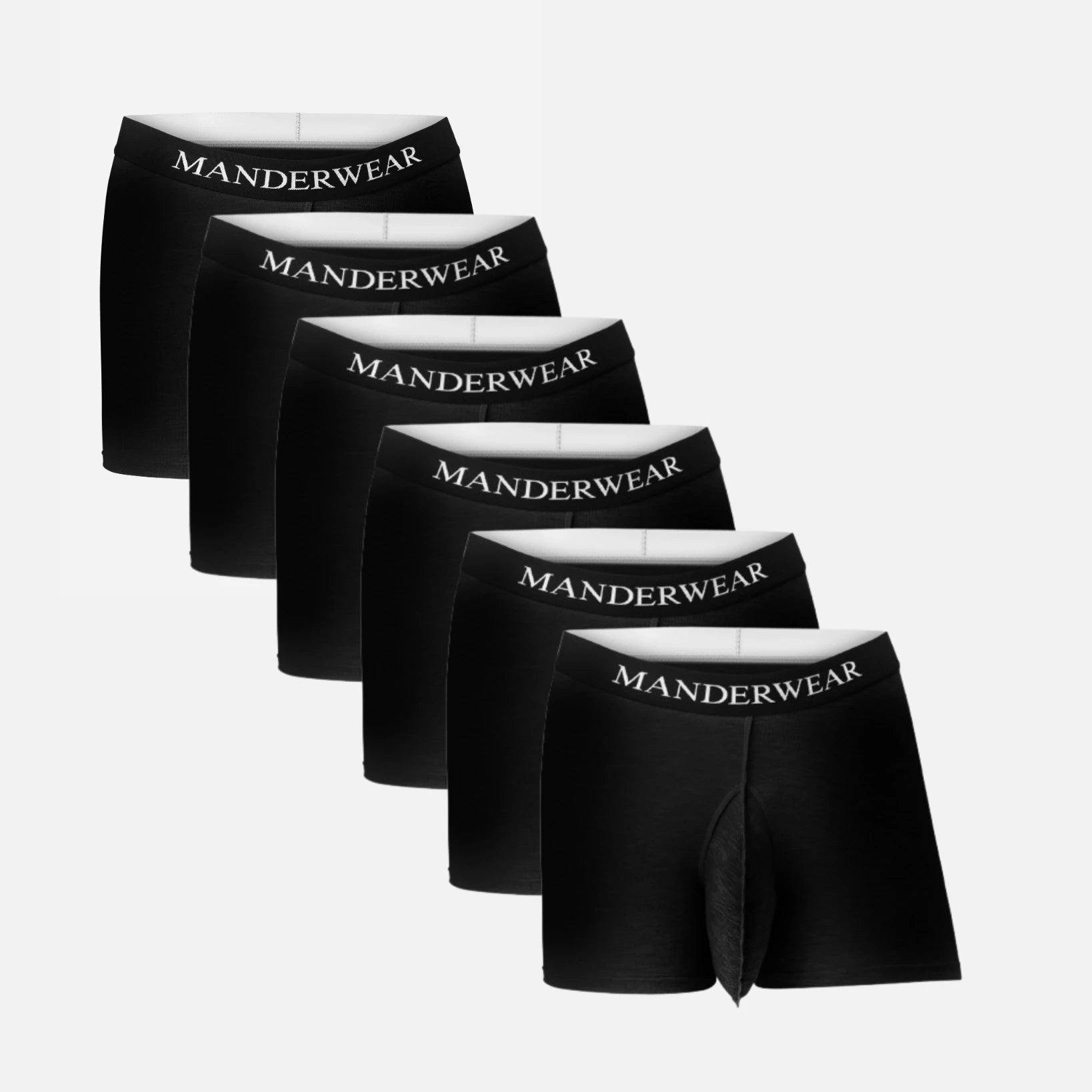 Sechs MANDERWEAR Unterhosen schräg hintereinander als sechser Pack in schwarz