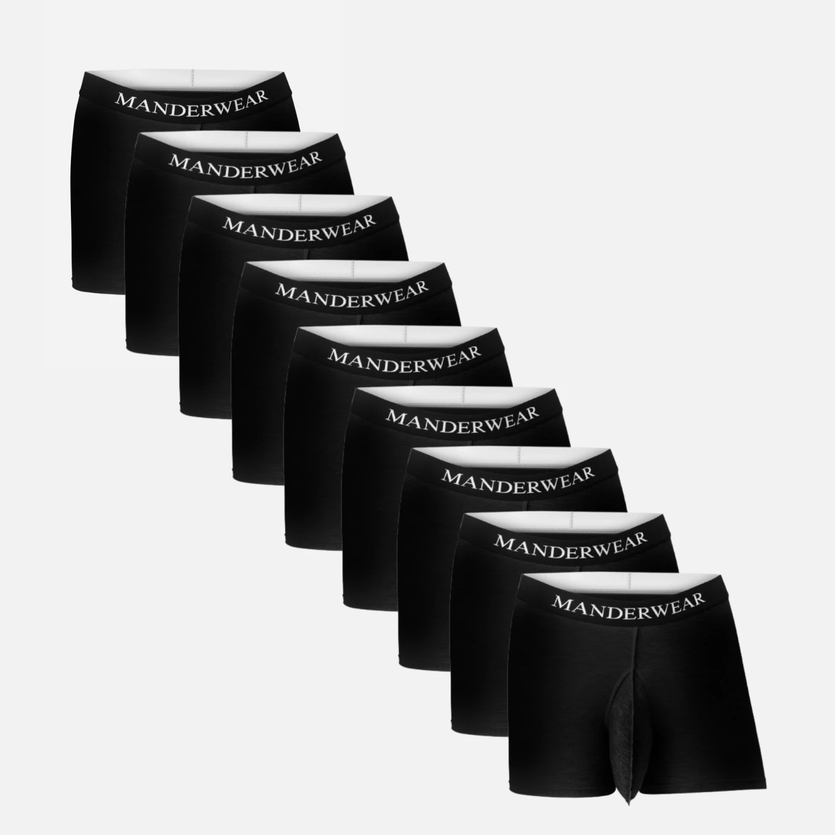 Neun MANDERWEAR Unterhosen schräg hintereinander als neuner Pack in schwarz
