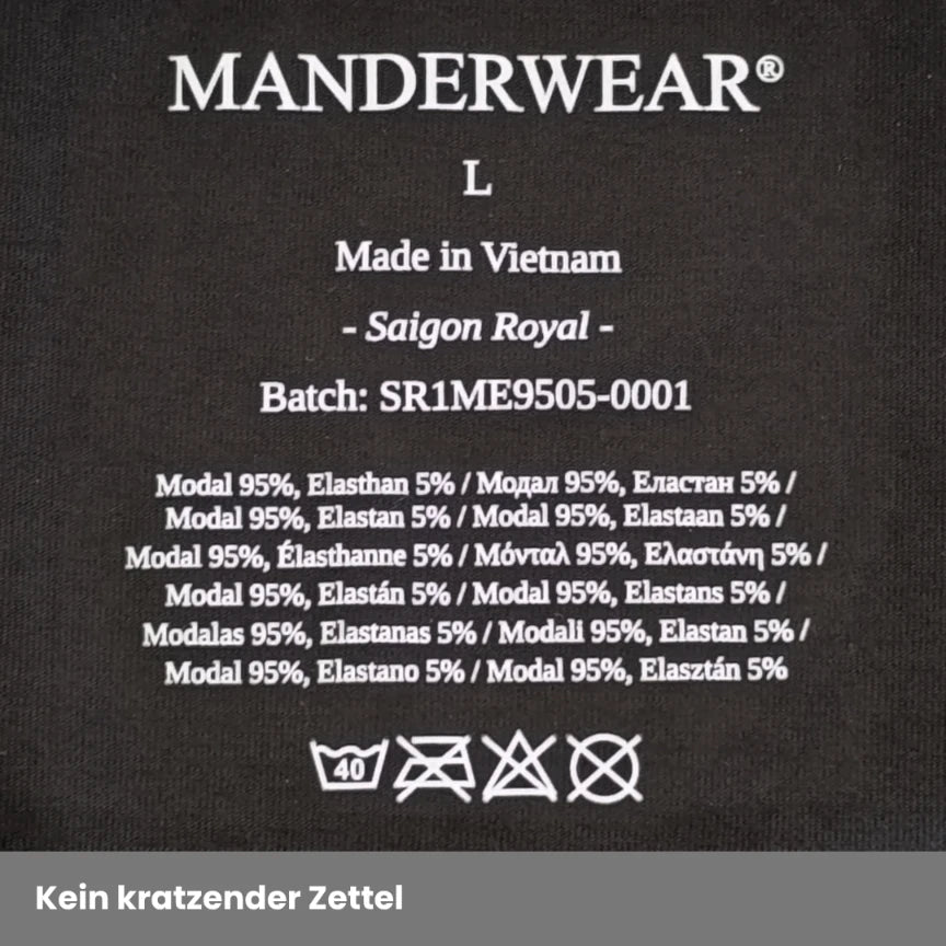 MANDERWEAR® ergonomische Herrenunterwäsche mit Pouch-Design gegen Hautreibung, Kleben und Zwicken. Abbildung der hochwertigen Textildrucke auf weichem Modal-Stoff.