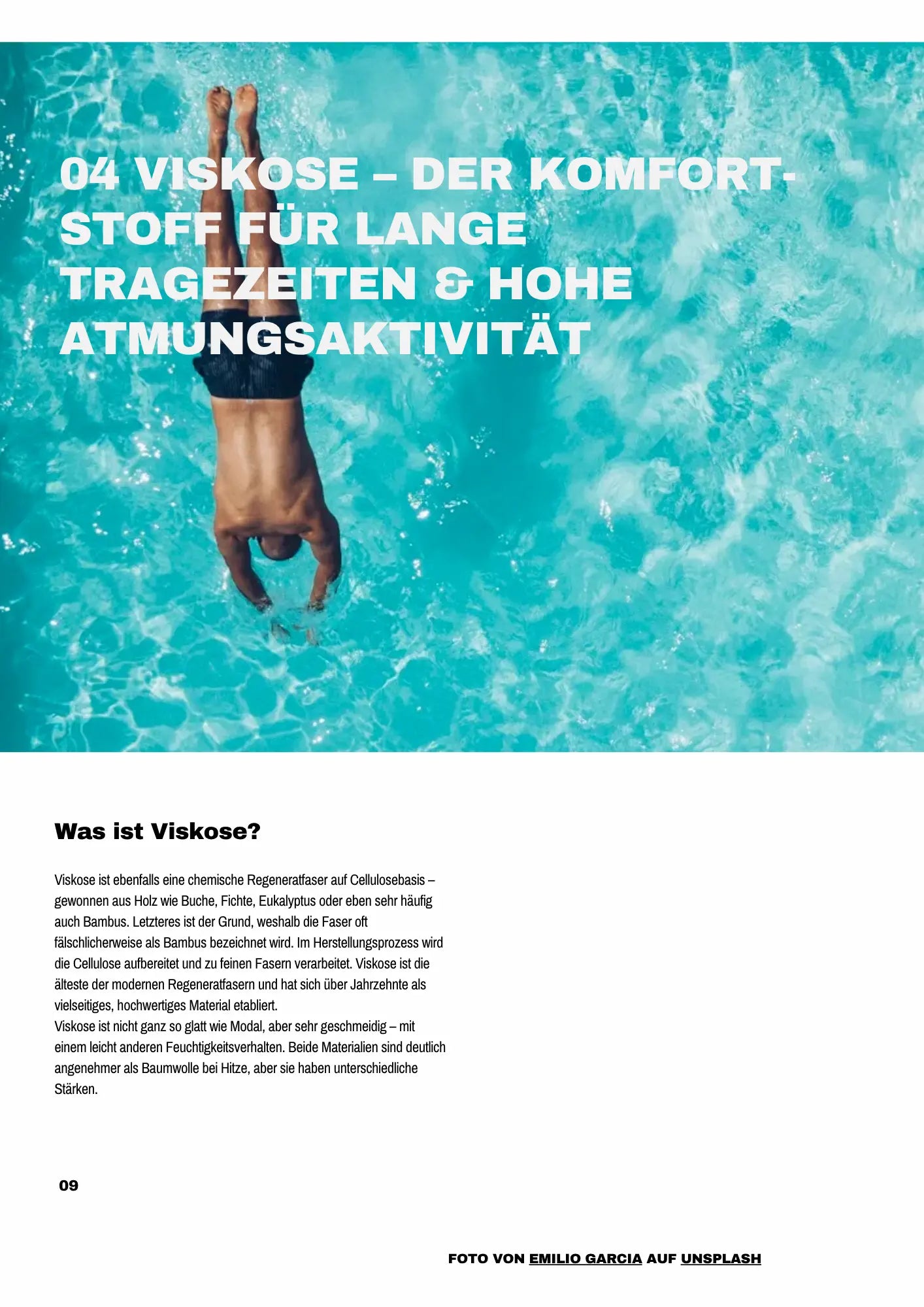 E-Book-Vorschau auf die Seite 'Viskose – Der Komfort-Stoff für lange Tragezeiten & hohe Atmungsaktivität'. Zu sehen ist ein Mann in Badehose beim Kopfsprung in einen Pool mit klarem Wasser, als Sinnild dafür, dass Viskose im Sommer als Stoff bei Hitze in Sachen Tragegefühl punktet. 
