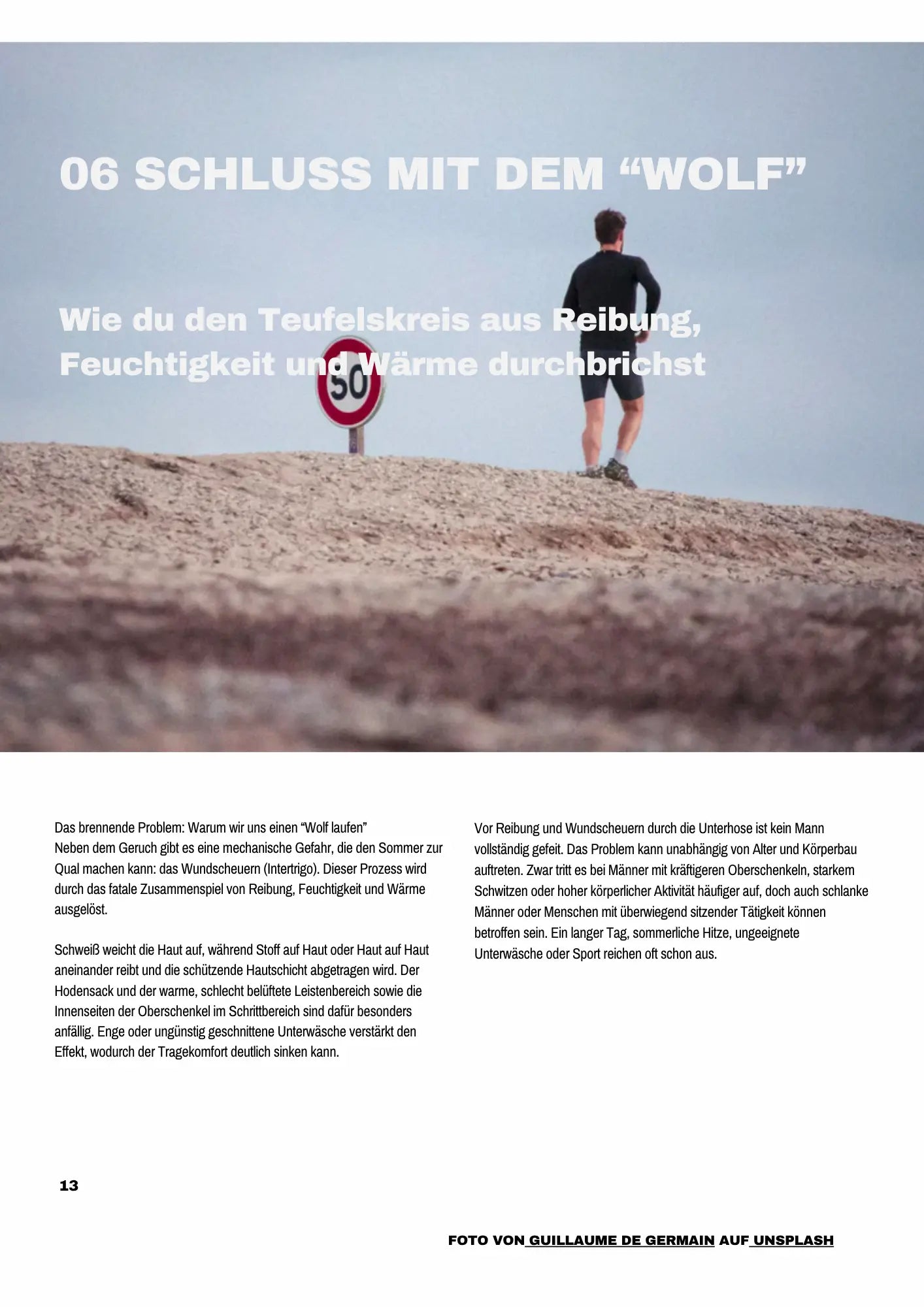 E-Book-Vorschau auf die Seite 'Schluss mit dem Wolf' über die Einflussfaktoren von Reibung und Feuchtigkeit bei der Entstehung von Wundscheuern. Das Foto zeigt einen Jogger in karger Landschaft, der sinnbildlich durch Reibung im Schritt ausgebremst wird, während er an einem 50-km/h-Schild vorbeiläuft – eine passende Metapher dafür, dass er hinter seinem Potenzial zurückbleibt.