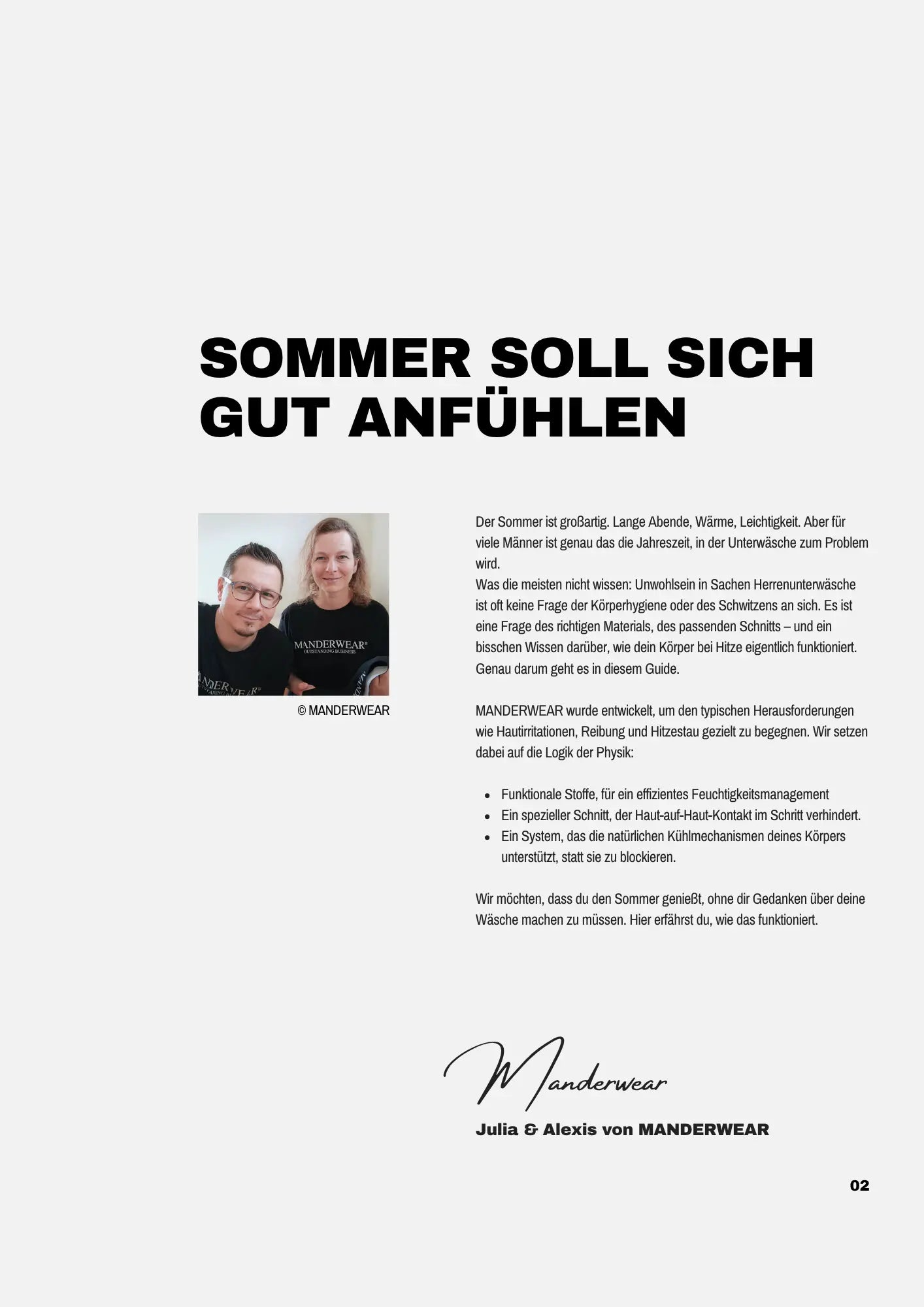 E-Book-Vorschau auf das Vorwort vom Manderwear Sommerreport mit einem Foto der Gründer. Der Text beschreibt die Mission, Männern durch das richtige Material und den passenden Schnitt einen Sommer ohne Hautirritationen, Reibung und Hitzestau zu ermöglichen.
